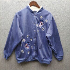 BonWorth Womens Blue Embroidered Snowflake & Bell Button-Up Fleece Jacket Size L